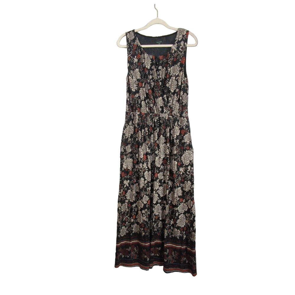 Garnet Hill Maxi Dress Womens L Black Floral Sleeveless Faux Wrap Stretch Pocket